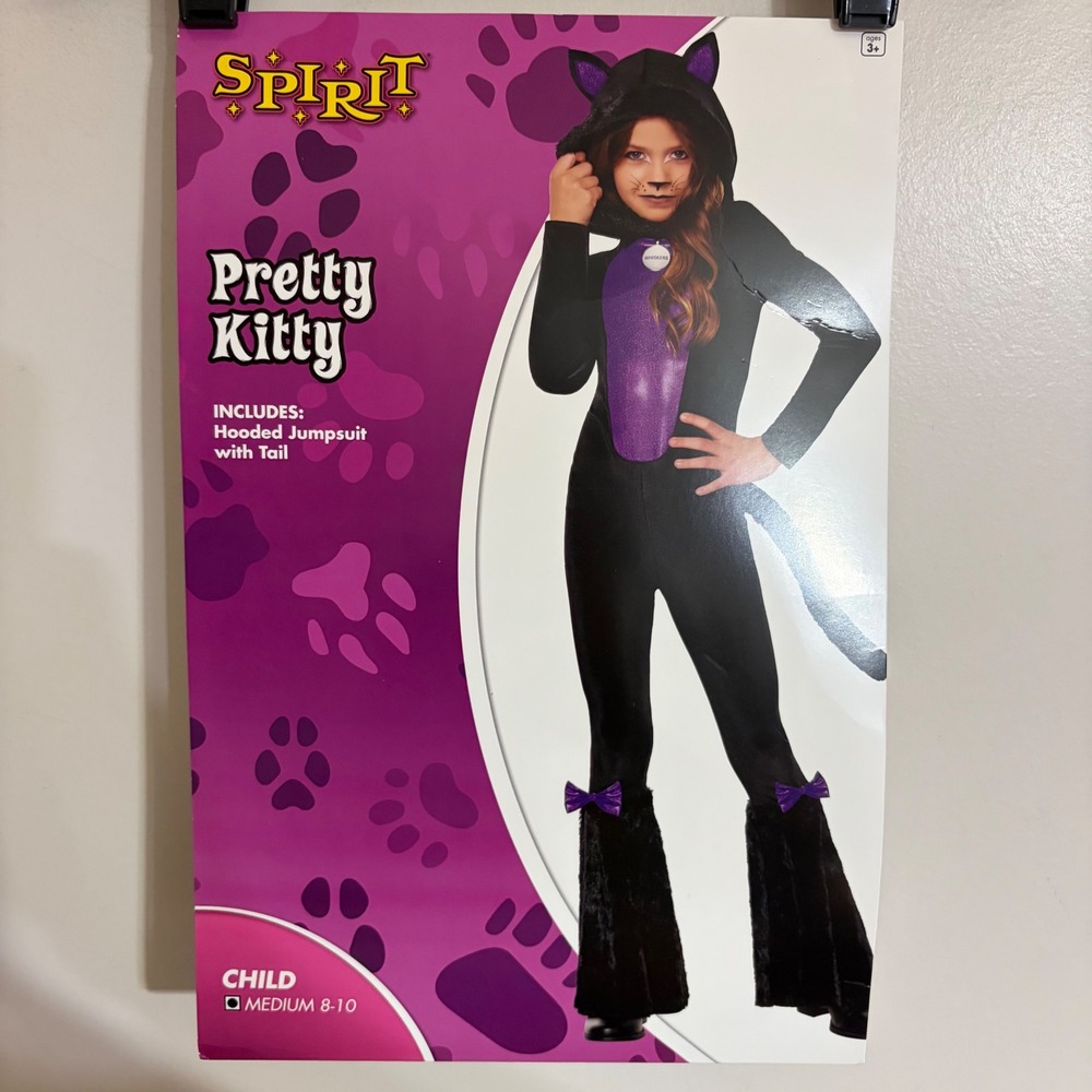Spirit Halloween Pretty Kitty Costume Girls Medium 8-10 Black Purple Jumpsuit